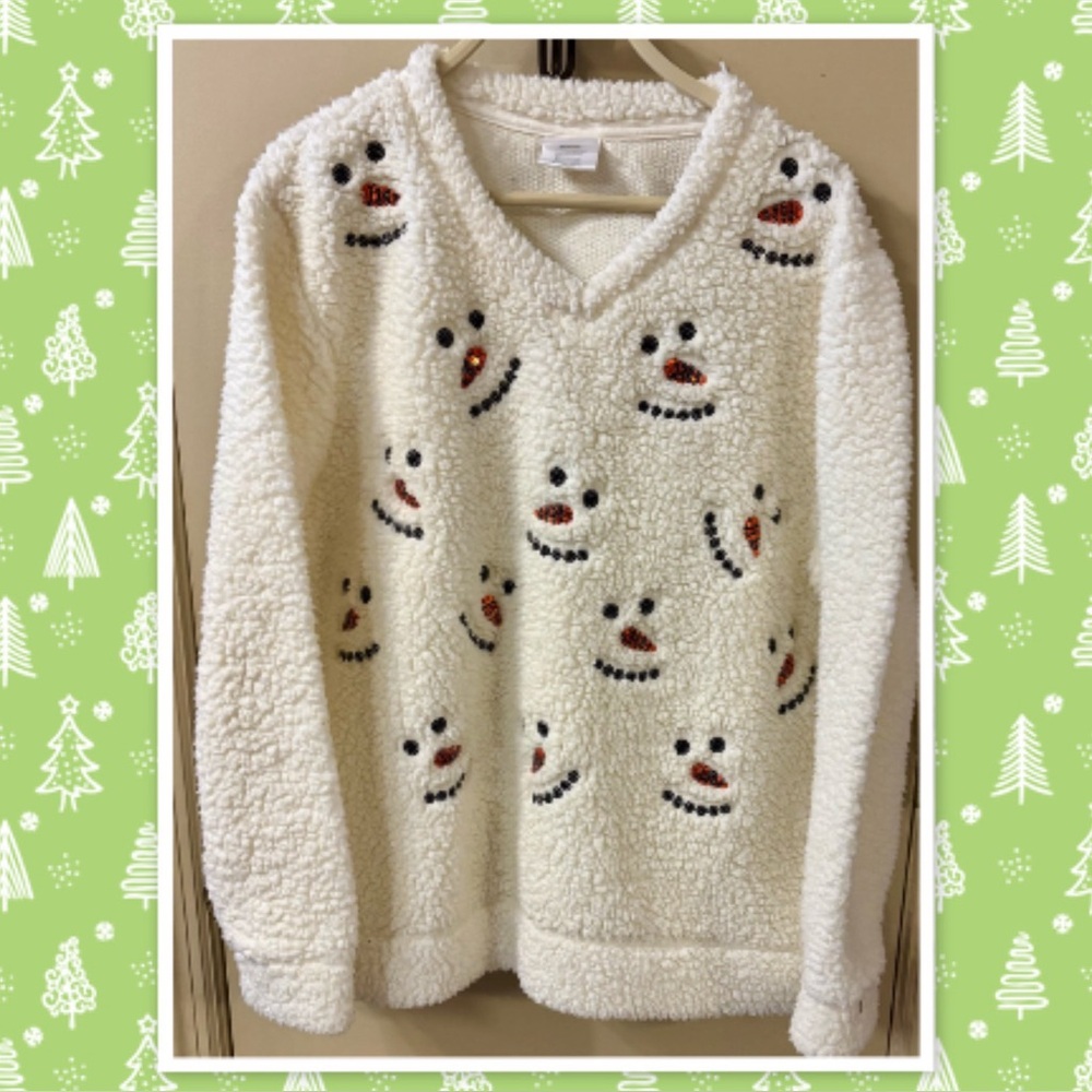 Fashion by Mirabeau Womens White Snowman Sequin Sherpa Pullover Sweater Size M